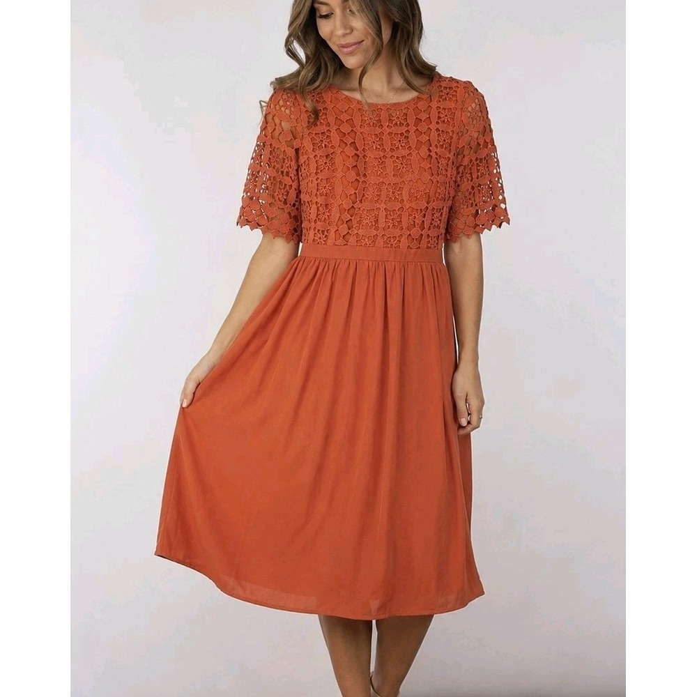 Roolee Lace Midi Dress Womens M Orange Lined Short Sleeve Back Zip Boho Casual